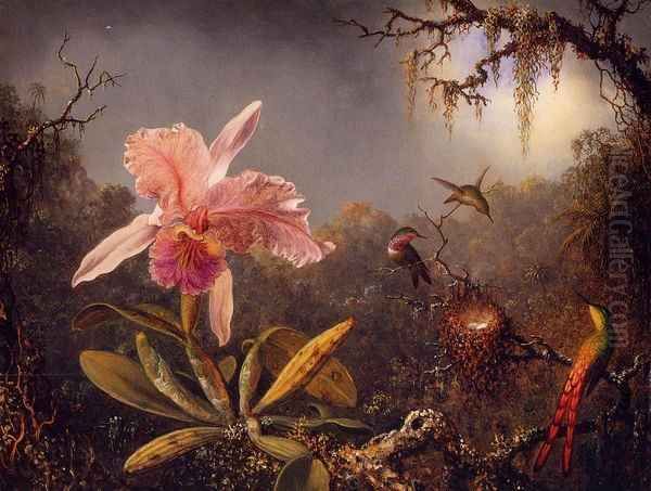 Cattelya Orchid and Three Brazilian Hummingbirds Oil Painting by Martin Johnson Heade