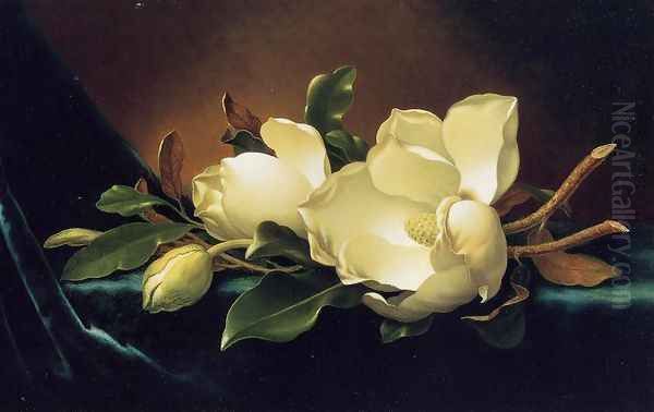 Two Magnolias And A Bud On Teal Velvet Oil Painting by Martin Johnson Heade