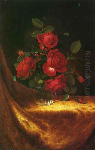 Four Roses In A Glass Oil Painting by Martin Johnson Heade