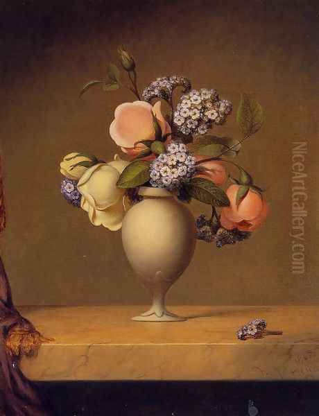 Roses And Heliotrope In A Vase On A Marble Tabletop Oil Painting by Martin Johnson Heade