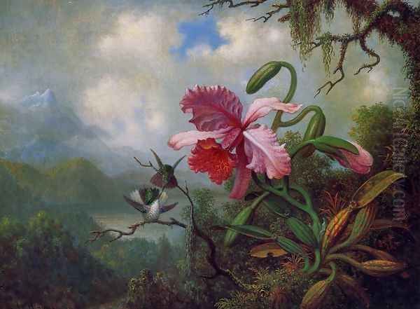 Orchid And Hummingbirds Near A Mountain Lake Oil Painting by Martin Johnson Heade