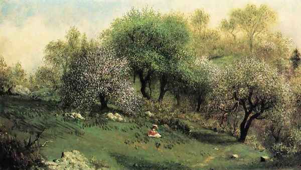 Girl On A Hillside Apple Blossoms Oil Painting by Martin Johnson Heade