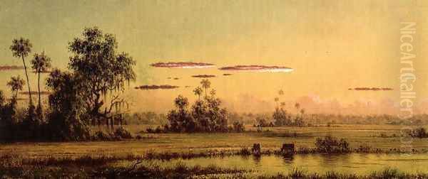 Florida Sunset With Two Cows Oil Painting by Martin Johnson Heade