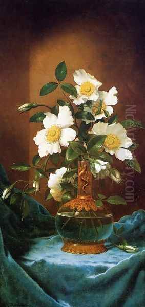 White Cherokee Roses In A Salamander Vase Oil Painting by Martin Johnson Heade