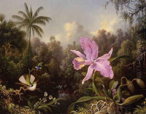 Orchid And Two Hummingburds Oil Painting by Martin Johnson Heade