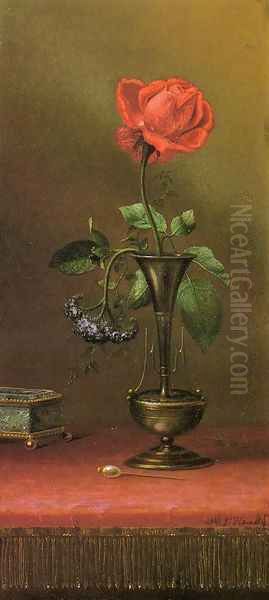 Red Rose And Heliotrope In A Vase Oil Painting by Martin Johnson Heade