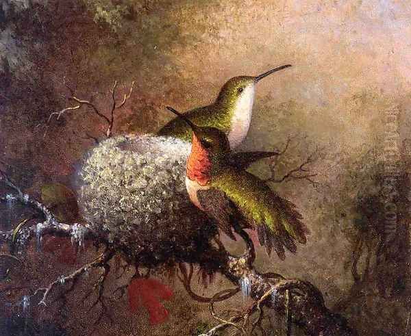 Two Ruby Throats By Their Nest Oil Painting by Martin Johnson Heade