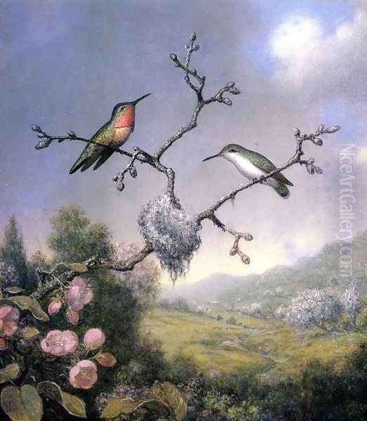 Hummingbirds And Apple Blossoms Oil Painting by Martin Johnson Heade