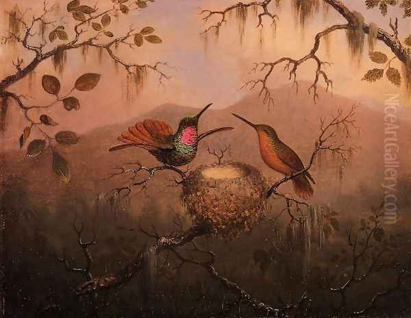 Two Hummingbirds At A Nest Oil Painting by Martin Johnson Heade