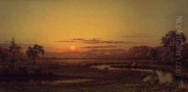 Two Fishermen In The Marsh At Sunset Oil Painting by Martin Johnson Heade