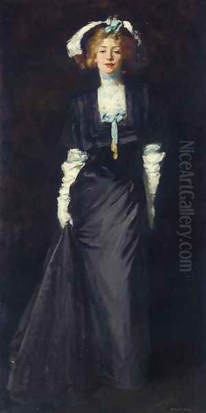 Jessica Penn In Black With White Plumes Oil Painting by Robert Henri