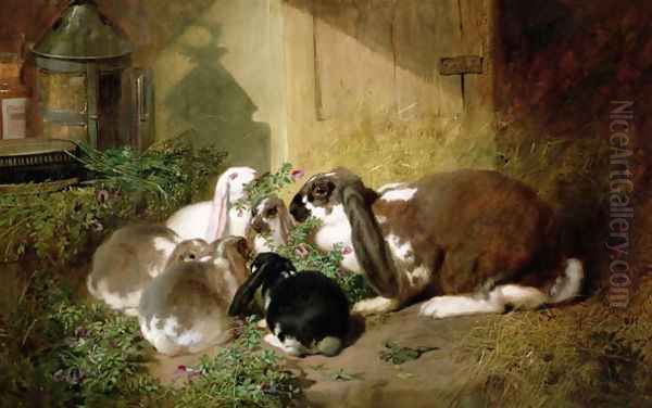 A lop-eared doe rabbit with her young Oil Painting by John Frederick Herring Snr