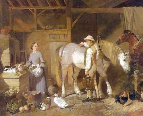 Feeding Time For Farm Animals in Barn 1845 Oil Painting by John Frederick Herring Snr