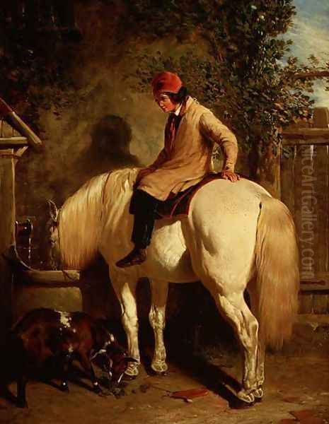 A Corner of a Farmyard with a Boy Sitting on a Grey Horse and a Goat eating nearby Oil Painting by John Frederick Herring Snr