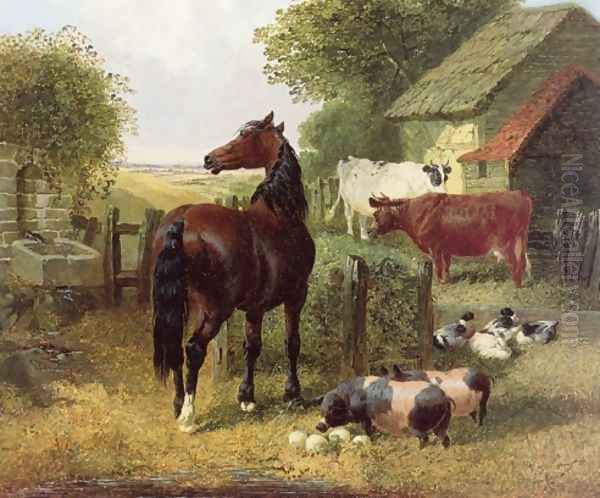 A Horse, Pigs, Cows & Ducks Oil Painting by John Frederick Herring Snr