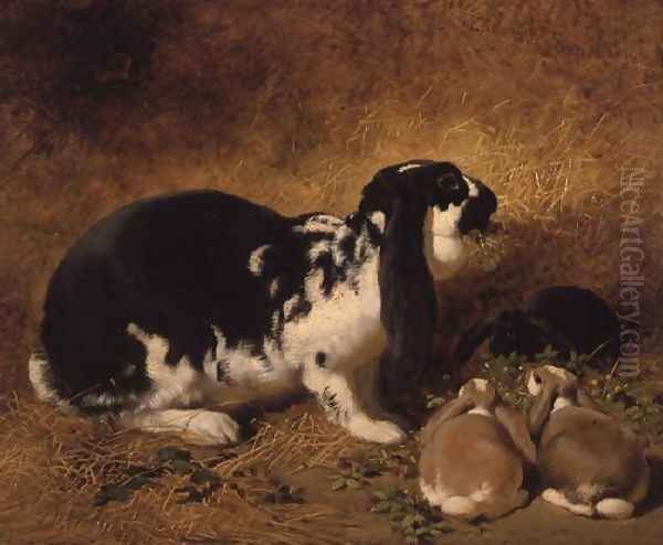 A Doe Rabbit and her three young, 1851 Oil Painting by John Frederick Herring Snr