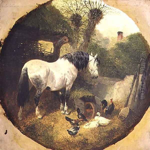 A Carthorse eating hay from a wheel-barrow in a farmyard Oil Painting by John Frederick Herring Snr