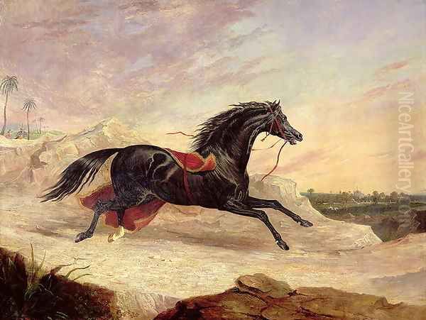 Arabs chasing a loose arab horse in an eastern landscape Oil Painting by John Frederick Herring Snr