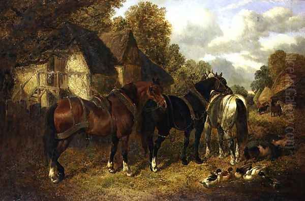 Farm Scene with Cart Horses Oil Painting by John Frederick Herring Snr