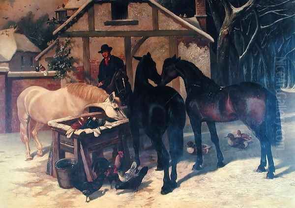 At the Water Trough in Winter Oil Painting by John Frederick Herring Snr