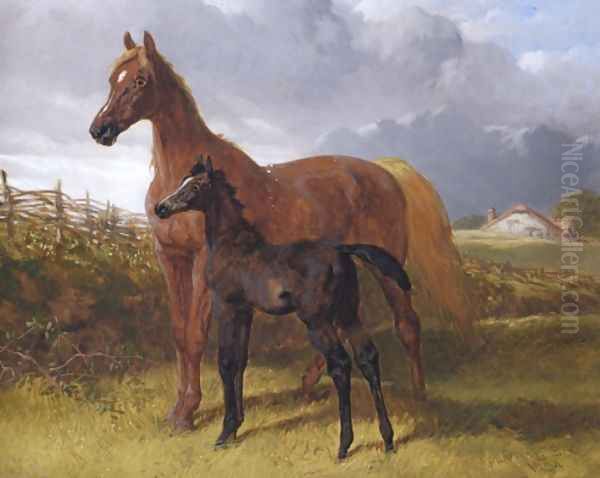 Chestnut Mare And Foal Oil Painting by John Frederick Herring Snr