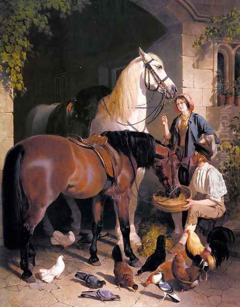 Feeding the Horses, 1858 Oil Painting by John Frederick Herring Snr