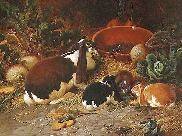 Fancy Rabbits, a Doe with her Young, 1863 Oil Painting by John Frederick Herring Snr