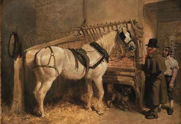 A St. Giles' Cab Horse in a Stable with Grooms Oil Painting by John Frederick Herring Snr