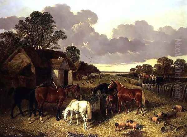 Horses, Pigs, Poultry, Duck and Cattle in a Farmyard Oil Painting by John Frederick Herring Snr