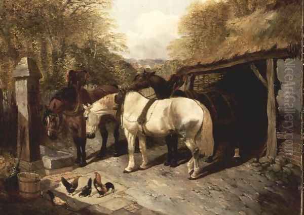 Farmyard with Horses and Chickens Oil Painting by John Frederick Herring Snr