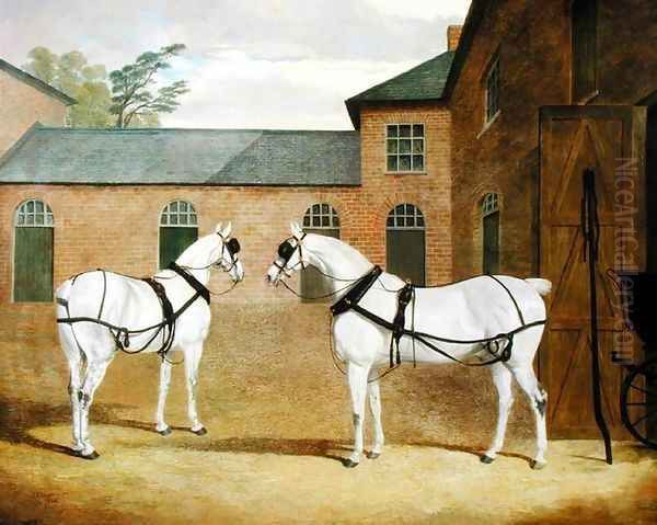 Mr. Sowerby's Grey Carriage Horses in his Coachyard at Putteridge Bury, Hertfordshire, 1836 Oil Painting by John Frederick Herring Snr