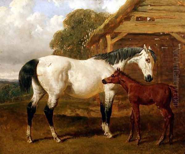 A Mare and Foal before a Barn, 1854 Oil Painting by John Frederick Herring Snr