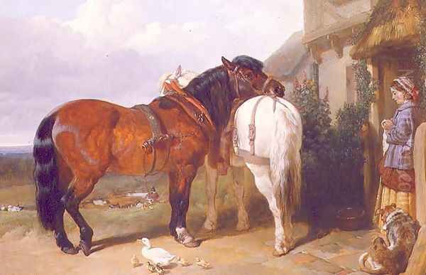 Carthorses by a Cottage Door, 1854 Oil Painting by John Frederick Herring Snr