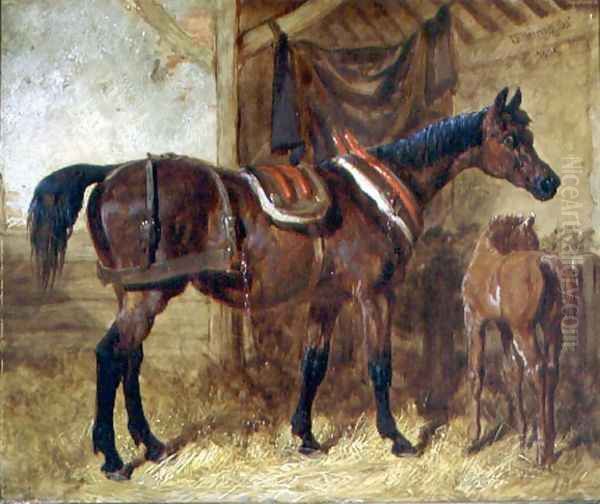 An Old Mare and Foal in a Stable, 1854 Oil Painting by John Frederick Herring Snr