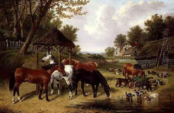 Horses by a Farmyard pond Oil Painting by John Frederick Herring Snr