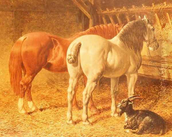 Horses and a goat in a stable Oil Painting by John Frederick Herring Snr