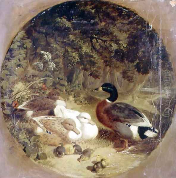 Ducks and Ducklings in a Wooded River Landscape Oil Painting by John Frederick Herring Snr