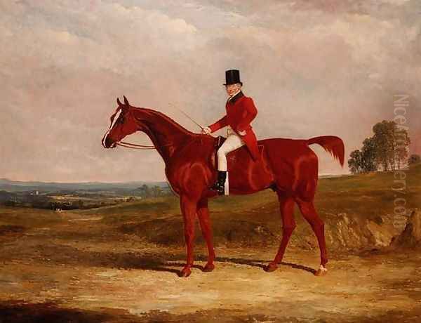 Sir Hugh Hamilton Mortimer, Master of the Old Surrey Foxhounds, on a chestnut hunter in an extensive landscape Oil Painting by John Frederick Herring Snr