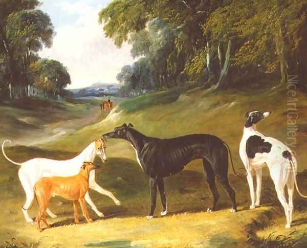 Greyhounds, 'Spot', 'Skylark', 'Nettle' and 'Sky', 1839 Oil Painting by John Frederick Herring Snr