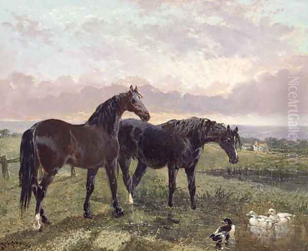 Two horses grazing at sunset Oil Painting by John Frederick Herring Snr