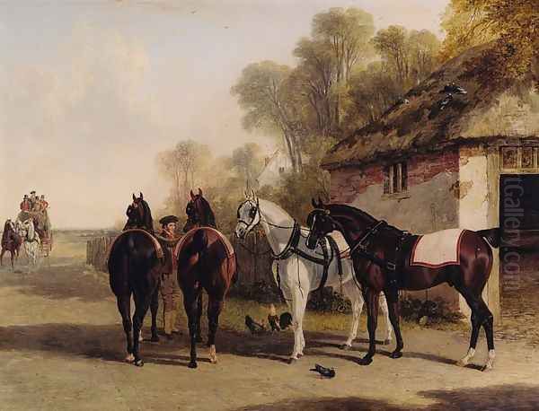 The Posting Inn, a change of horses waiting on a road with a mail coach approaching Oil Painting by John Frederick Herring Snr