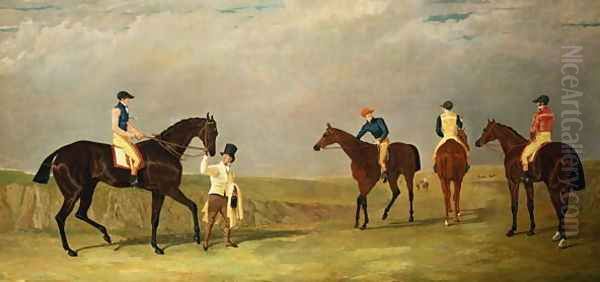 Preparing to start for the Doncaster Gold Cup, 1825, with Mr. Whitaker's 'Lottery', Mr. Craven's 'Longwaist', Mr.Lambton's 'Cedric' and Mr. Farquharson's 'Figaro' Oil Painting by John Frederick Herring Snr