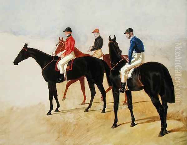 Study of Three Steeplechase Cracks: Allen McDonough on Brunette, Tom Oliver on Discount and Jem Mason on Lottery, or Three Racehorses with Jockeys Up Oil Painting by John Frederick Herring Snr