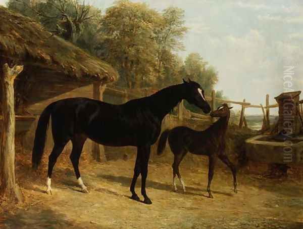 Levity, the property of J.C.Cockerill Esq., with her foal Queen Elizabeth, the property of Lord Dorchester, 1843 Oil Painting by John Frederick Herring Snr