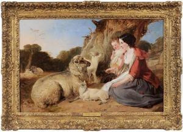 Shepherdess And Child With Sheep Oil Painting by Richard Ansdell