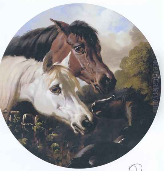 Two Hoeses And A Foal Oil Painting by John Frederick Herring Snr