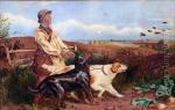 The Game Keeper, With Young Male
 Figure Holding Two Retrievers With A Covey Of Partridges In Flight In 
The Distance Oil Painting by Richard Ansdell