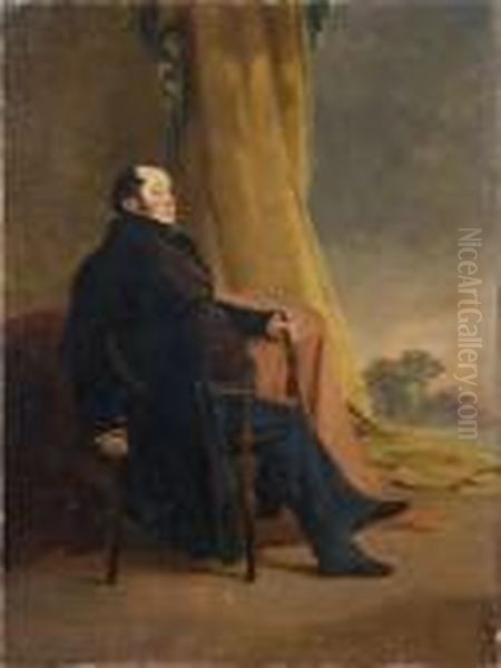 A Portrait Of James Aspinall, Seated, With Curtained Landscape Beyond Oil Painting by Richard Ansdell