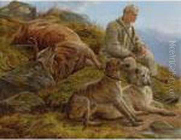 Gillie And Deerhounds At The End Of The Day In The Scottish Highlands Oil Painting by Richard Ansdell