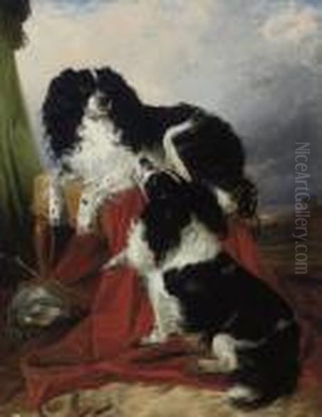 Two King Charles Spaniels In A Landscape Oil Painting by Richard Ansdell